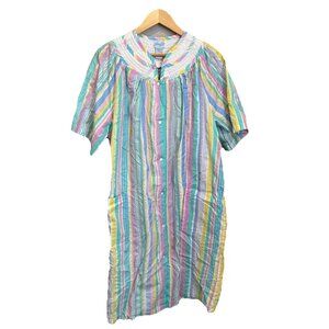 Leisure Life Lounge House Dress Gown Housecoat L Pastel Stripe Snap Vintage